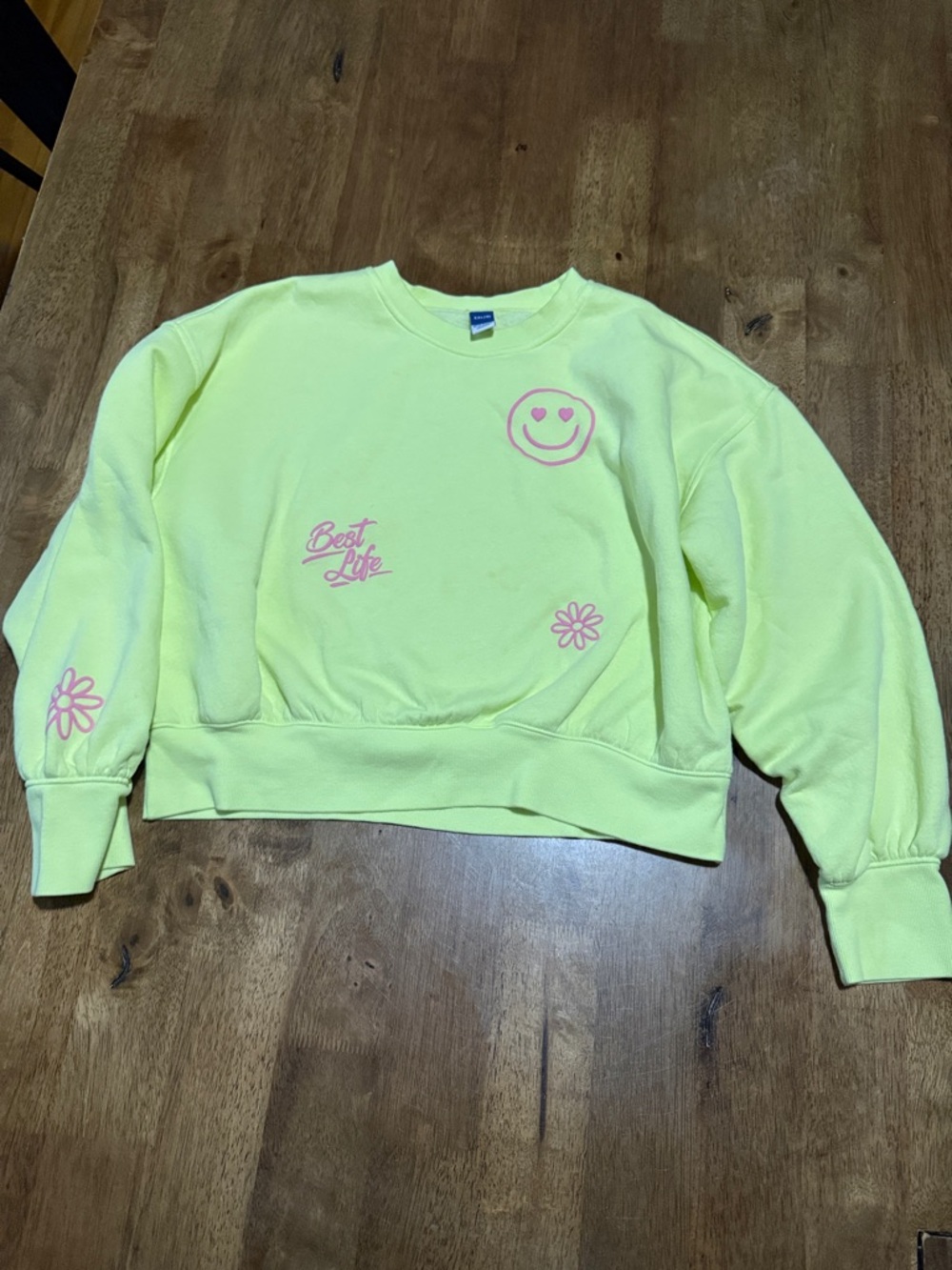 Old Navy Neon Yellow Sweatshirt with Pink Smiley Graphic